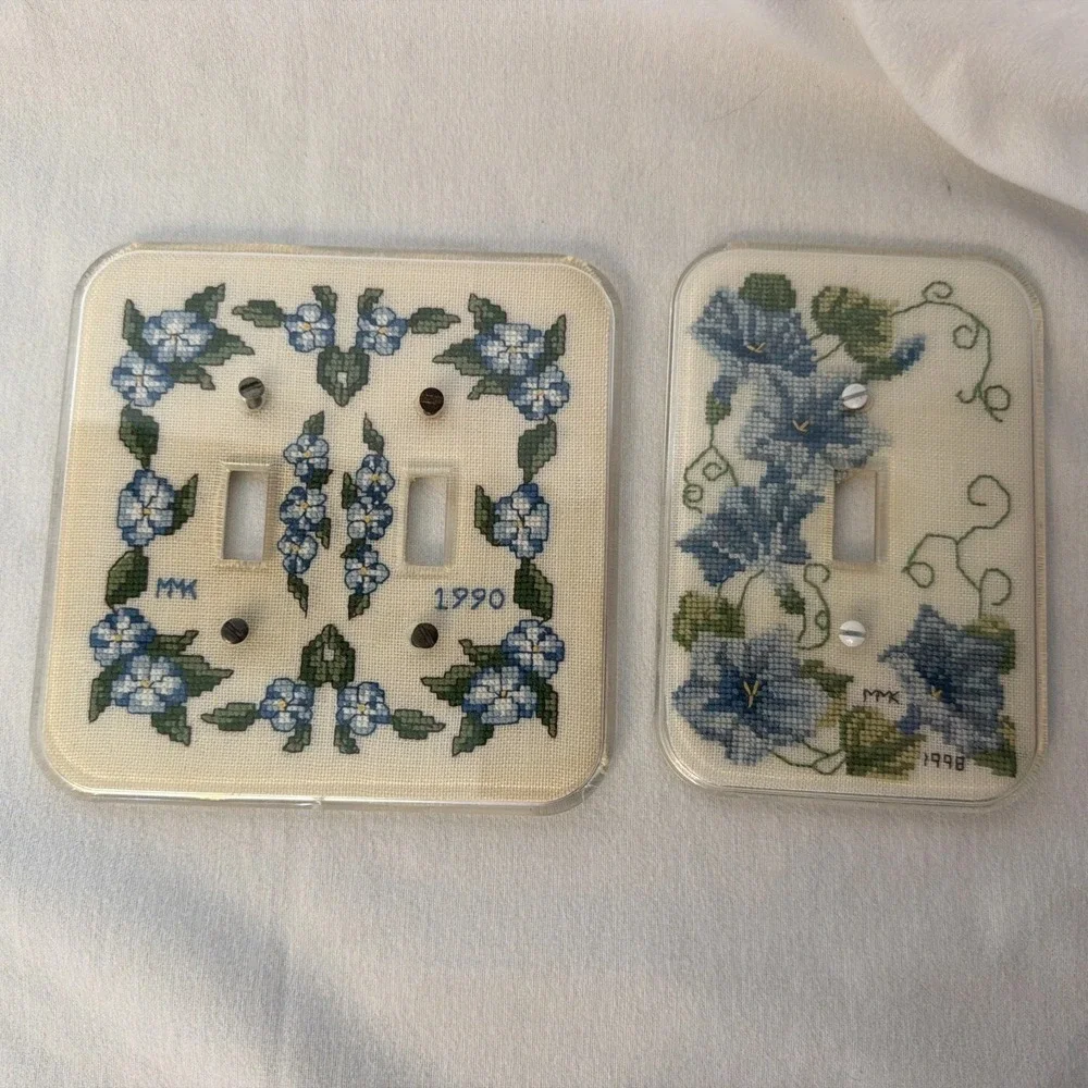 Vtg Finished Cross Stitch Single Toggle Light Switch Cover Floral Completed 1990